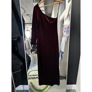 Vintage 1980s Niki Maroon Red Velour Velvet One Shoulder Long Formal Gown Size 8